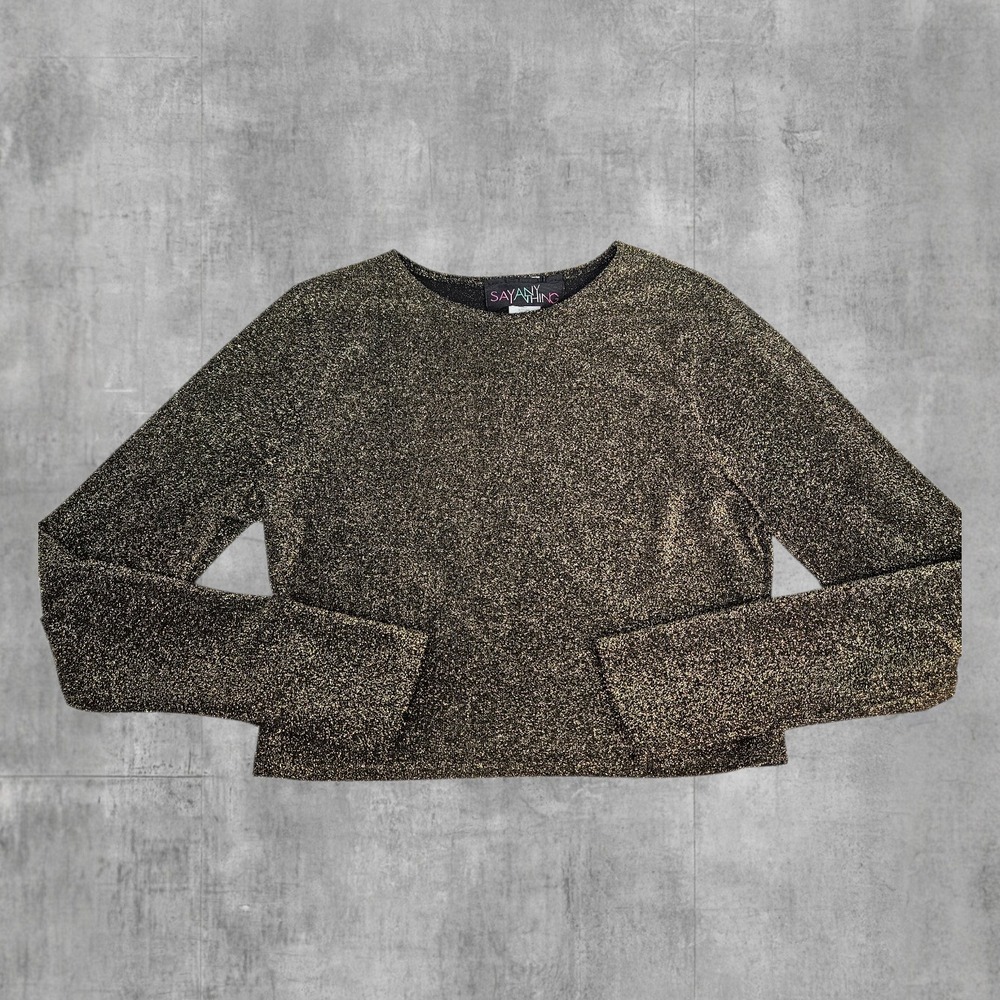 Vintage 90s Say Anything Gold Metallic Shimmer Crop Top Long Sleeve Large R43